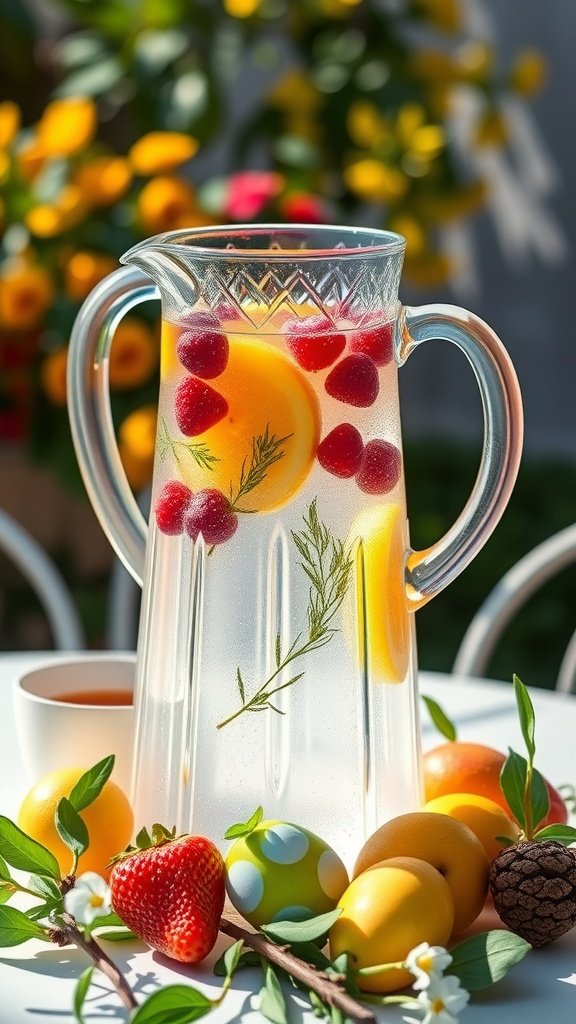 A pitcher of fruit infused water with raspberries, lemons, and strawberries, surrounded by Easter eggs and flowers.