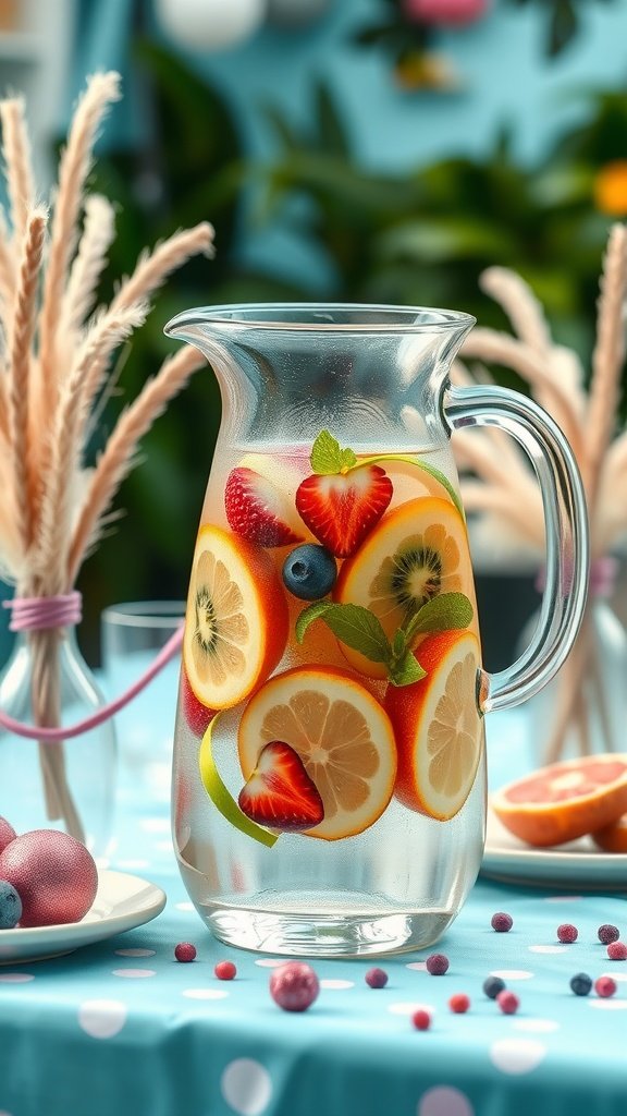 A pitcher of fruit-infused water with lemon, strawberries, and mint, set on a table with a blue polka dot tablecloth.