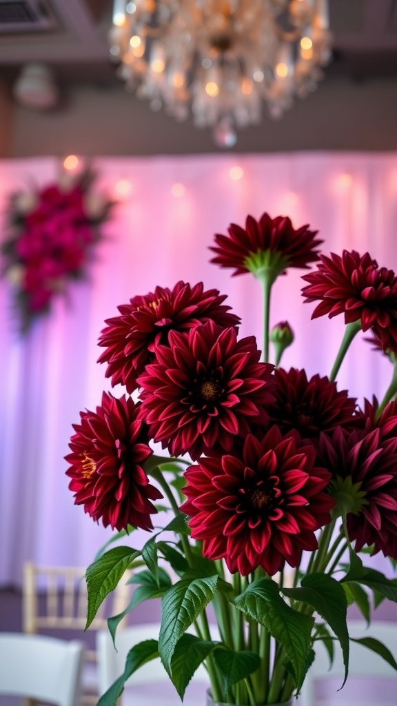 A stunning arrangement of rich burgundy dahlias in a vase, set against a softly lit backdrop.