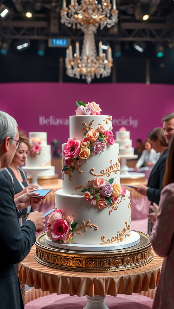A beautifully decorated Rococo cake with intricate floral designs and gold accents.