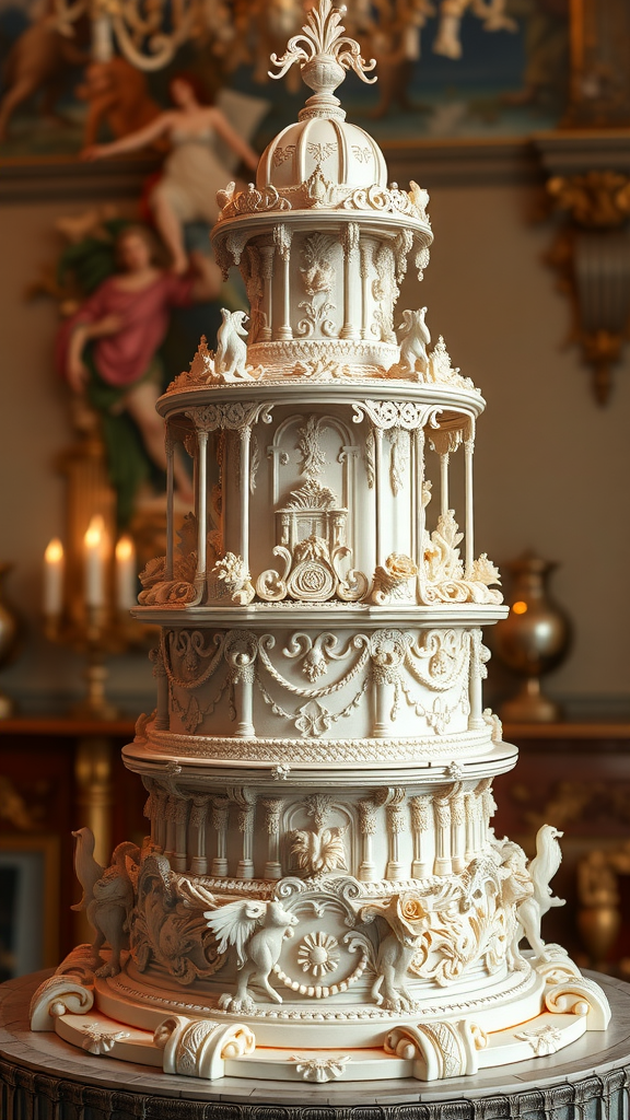 An ornate Rococo cake with multiple tiers and intricate decorations.
