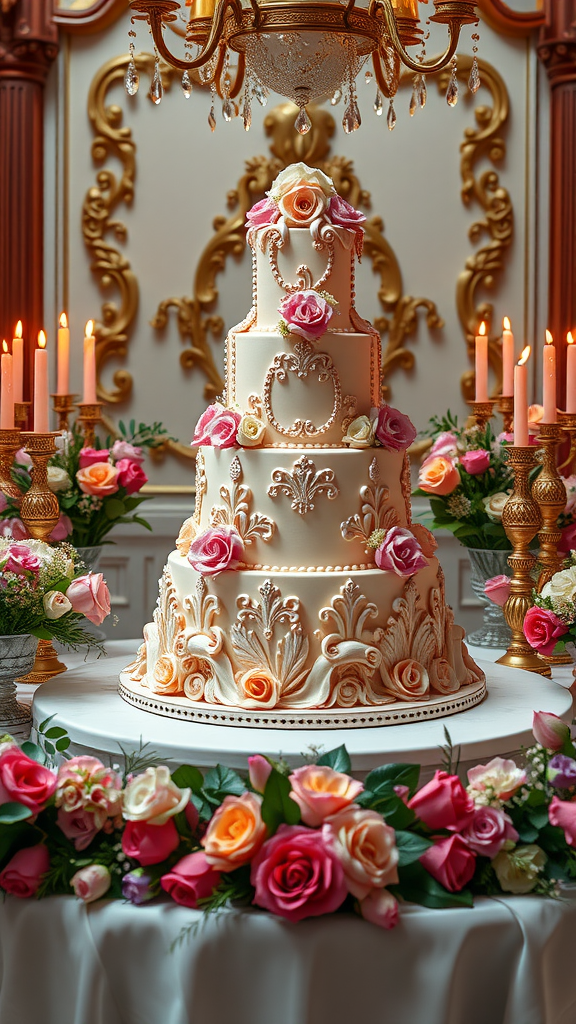 A beautifully decorated Rococo cake with intricate designs and fresh flowers