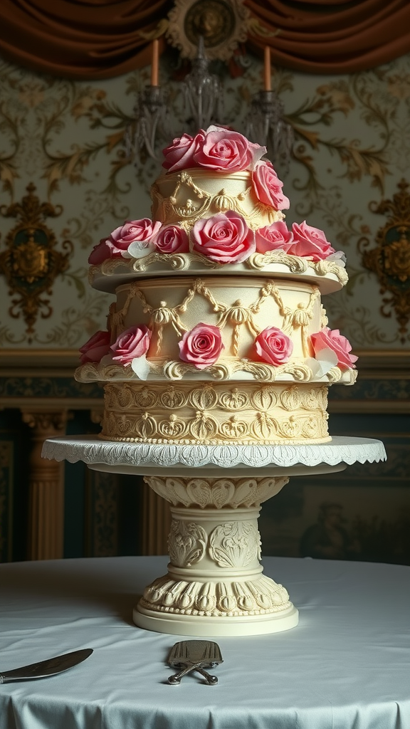 A beautifully decorated Rococo cake with roses and intricate designs.