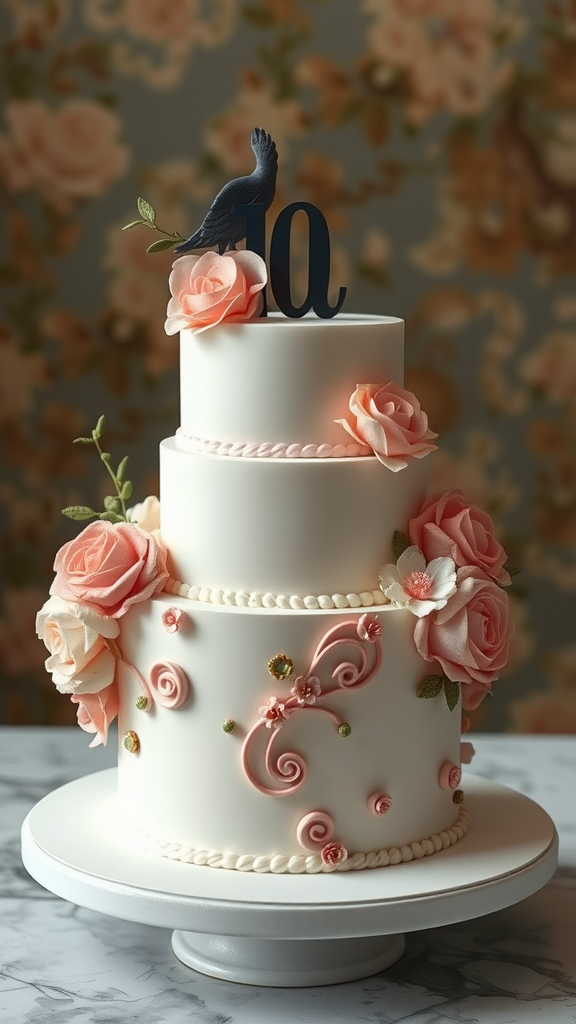 A beautifully decorated multi-tiered cake with floral accents and elegant details.