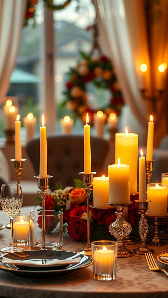 A beautifully arranged table for Valentine's Day, featuring candles of different heights and red roses. Valentines Table Decor