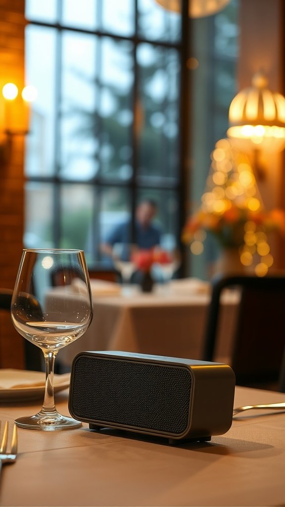 A romantic table setting with a speaker and wine glass, perfect for Valentine's Day.