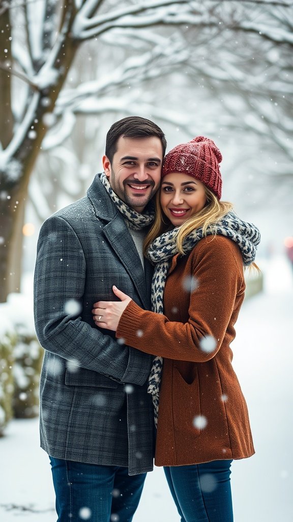 Couple embracing in a snowy landscape, showcasing warmth and love.