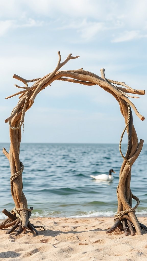 A rustic wedding arch made of driftwood and rope on a beach