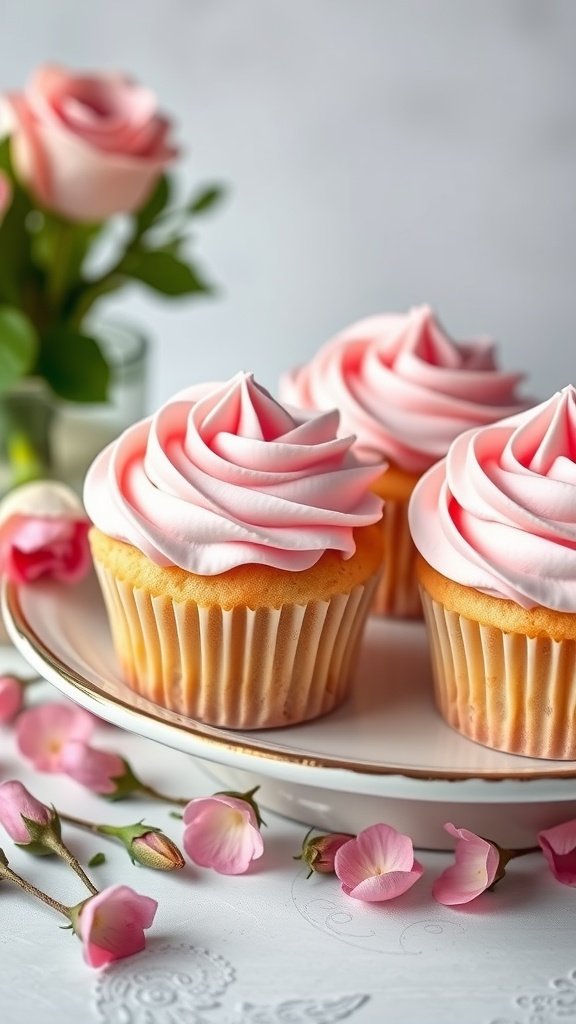 Rose-infused cupcakes with pink buttercream frosting on a plate