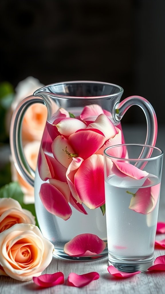 A pitcher of rose petal infused water with pink rose petals floating on top.