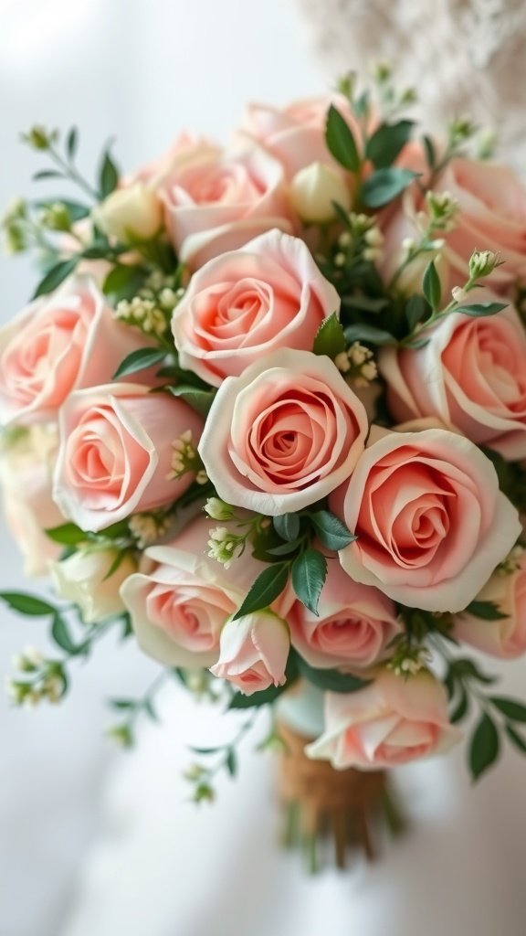 A bouquet of blush pink roses surrounded by greenery, representing spring wedding flowers.