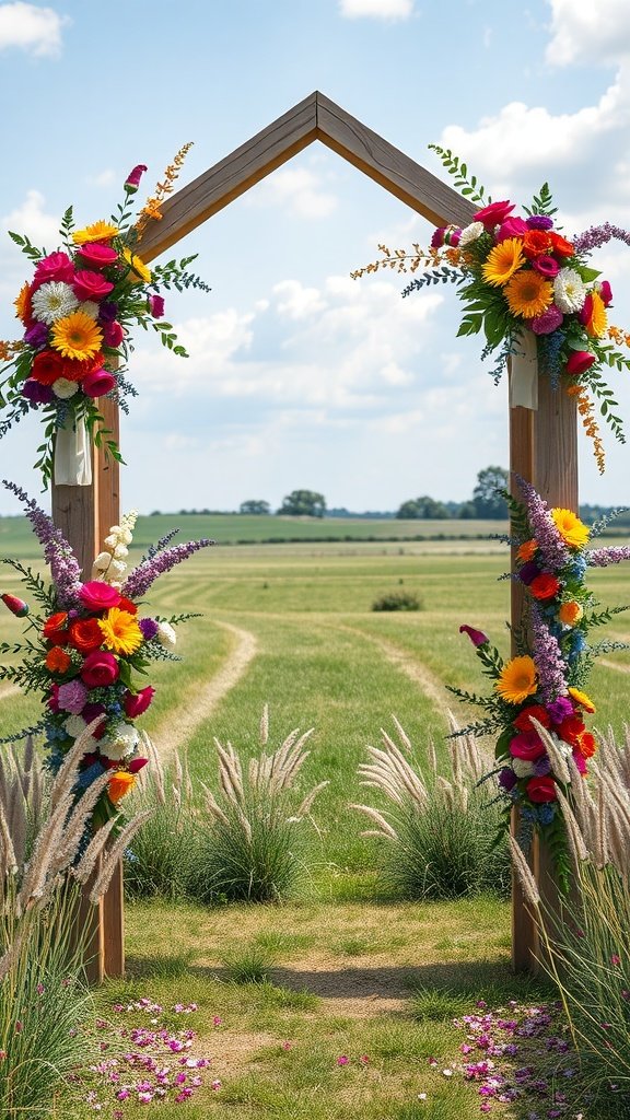 A rustic wedding arch made of wood, decorated with colorful wildflowers, set in a green field under a blue sky.