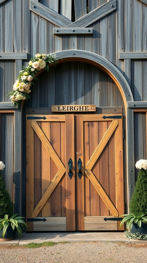 A rustic barn door arch adorned with flowers, featuring wooden doors with an X pattern.