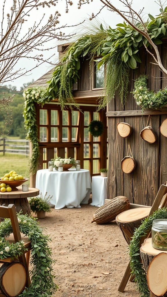 35 Stunning Olive Green Wedding Theme Color Schemes A rustic wedding setting with olive green accents, featuring wooden decor and lush greenery.