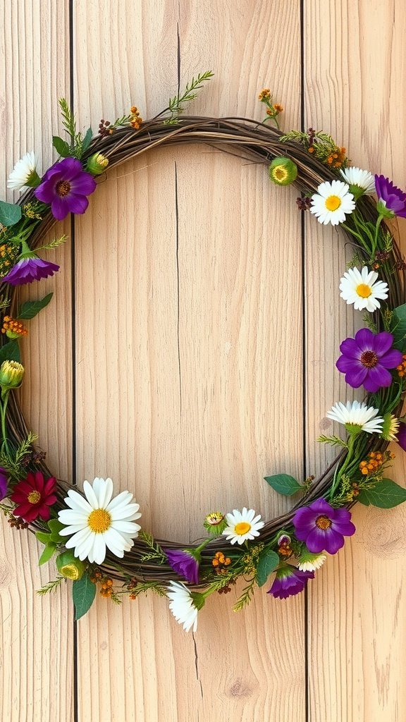 A rustic floral crown made with purple flowers, daisies, and greenery, set against a wooden background.