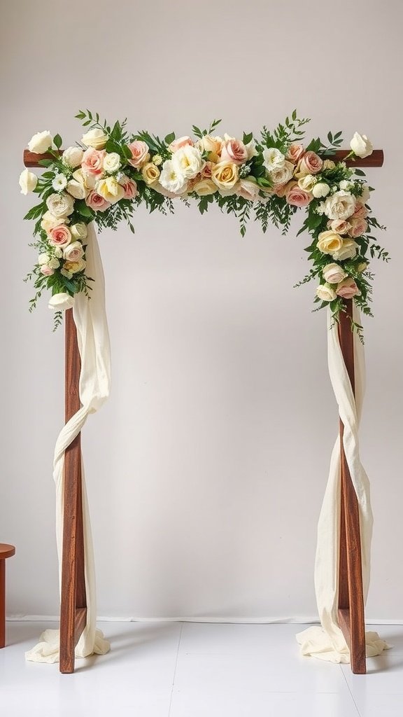 A rustic ladder arch decorated with flowers and draped fabric