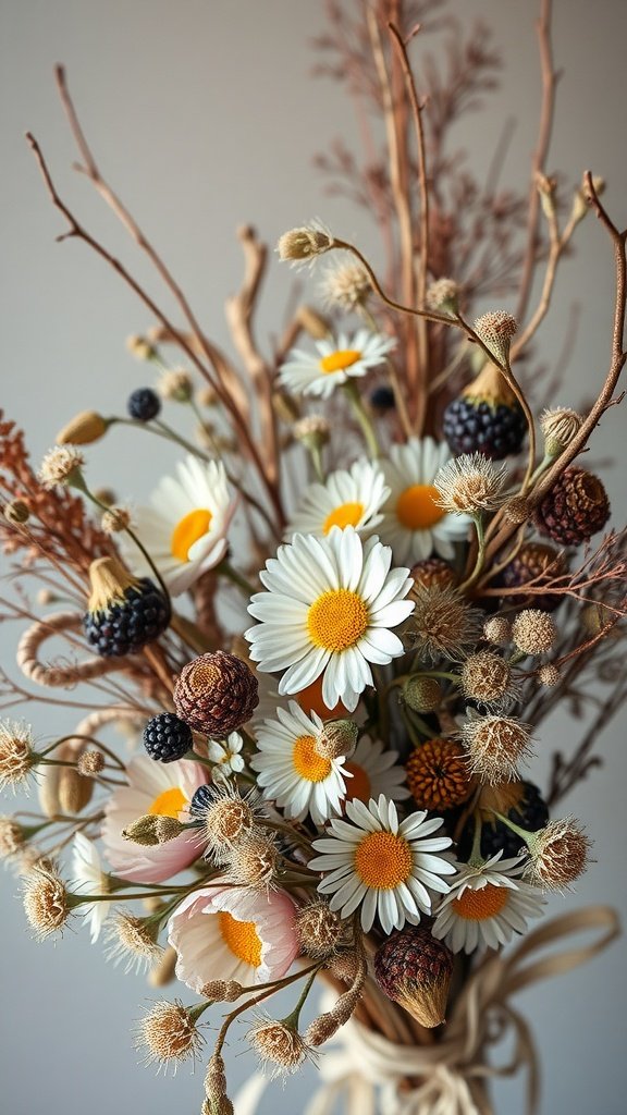 A rustic bouquet featuring winter flowers, including daisies, twigs, and dried seed pods.