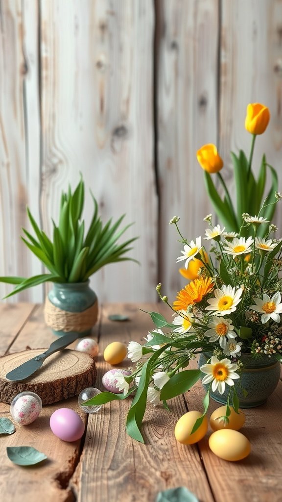 A rustic Easter tablescape featuring a wooden table with flowers, pastel eggs, and natural elements.