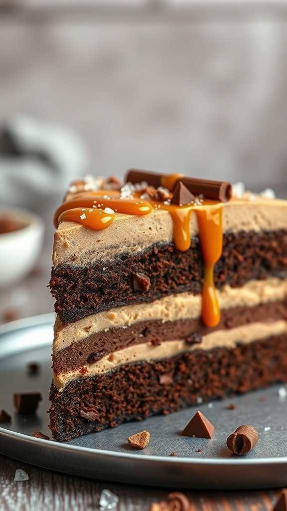 A slice of salted caramel chocolate mousse cake with caramel drizzling down the side and chocolate shavings on top.