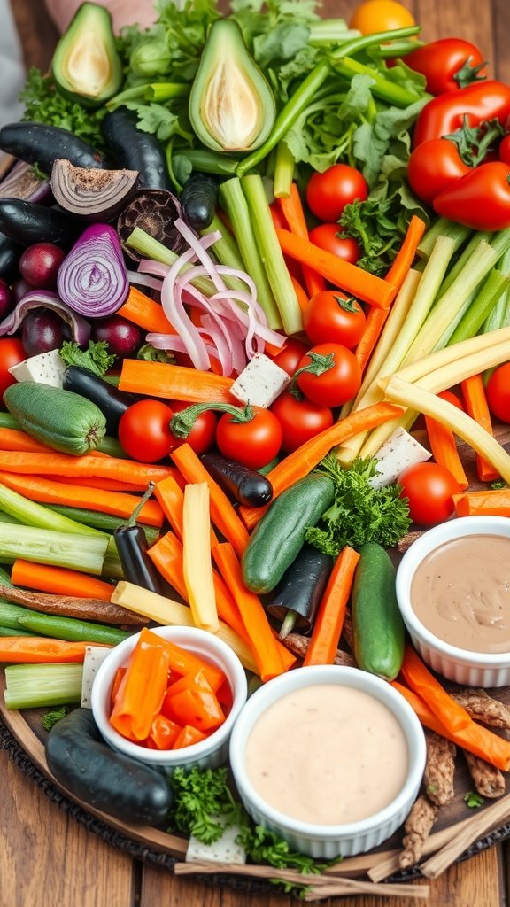 A vibrant grazing table featuring a variety of fresh vegetables, including carrots, celery, tomatoes, and dips.