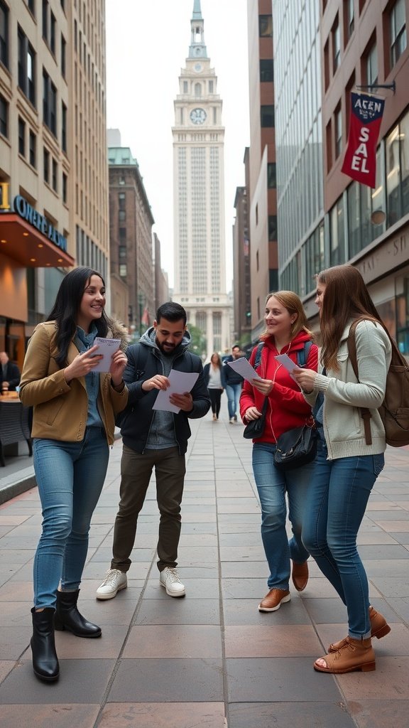 Group of four friends happily participating in a scavenger hunt in a city street.