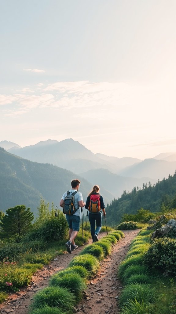 A couple hiking on a scenic trail with mountains in the background