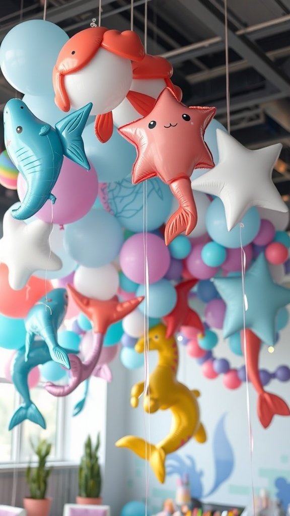 Colorful sea creature balloon decorations for a kids' mermaid party