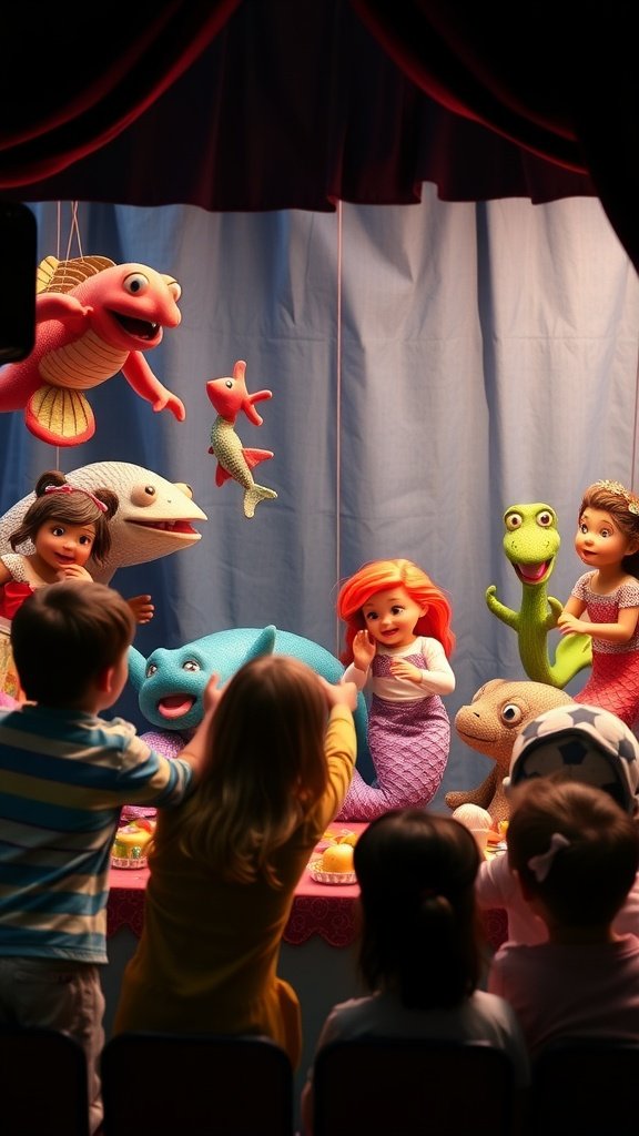 A colorful puppet show featuring sea creatures, with children watching in excitement.