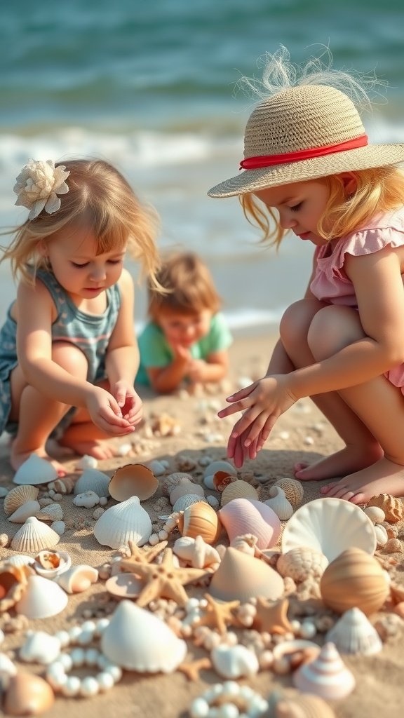Children searching for seashells on the beach