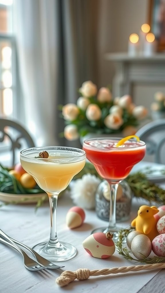 Two colorful cocktails on an Easter-themed table with decorations and flowers.