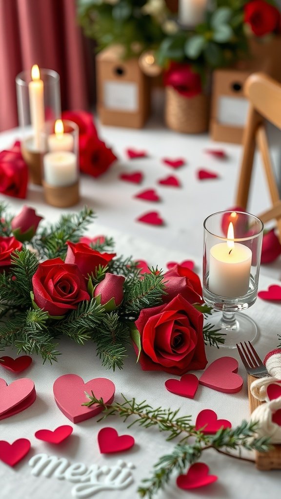 A beautifully arranged table for Valentine's Day with red roses, candles, and heart decorations.