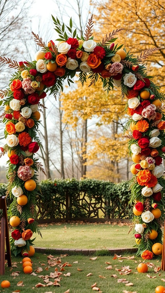 A floral archway decorated with fall wedding flowers in vibrant colors, framed by autumn trees.