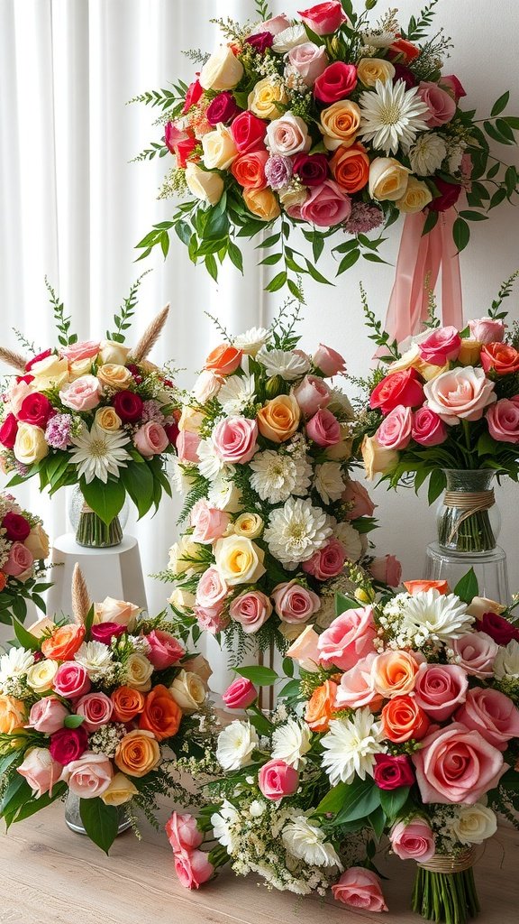 A variety of seasonal floral arrangements featuring colorful roses and daisies for a spring wedding.