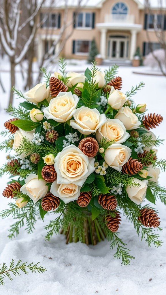 A winter wedding bouquet featuring cream roses, pine cones, and green foliage on a snowy background.