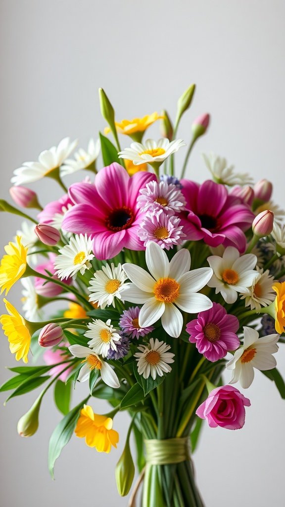 A vibrant spring wedding bouquet with pink and yellow flowers
