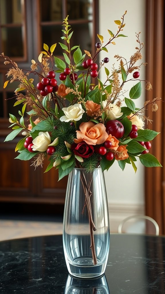 Beautiful fall wedding flower arrangement with roses, berries, and foliage in a vase