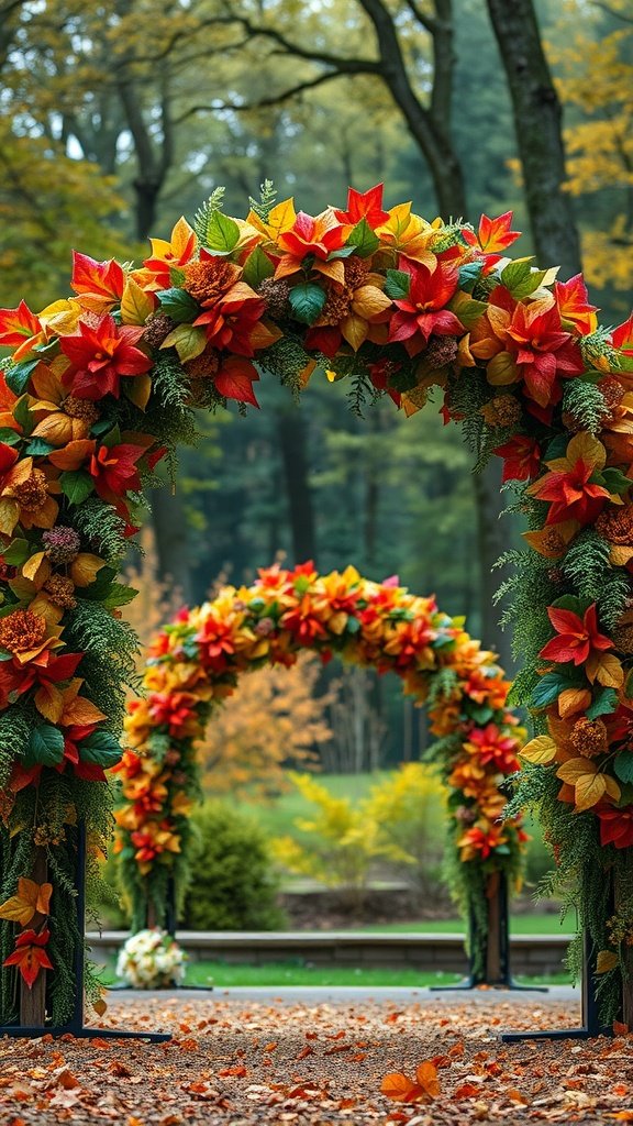 A rustic wedding arch decorated with colorful autumn leaves, set in a serene outdoor environment.