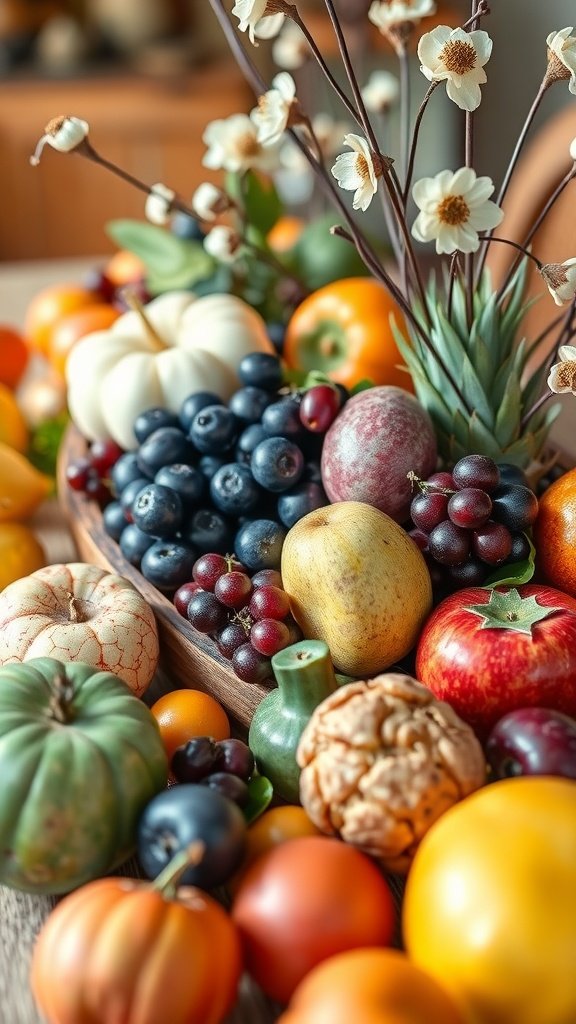 A colorful arrangement of seasonal fruits and decorative gourds on a wooden table.