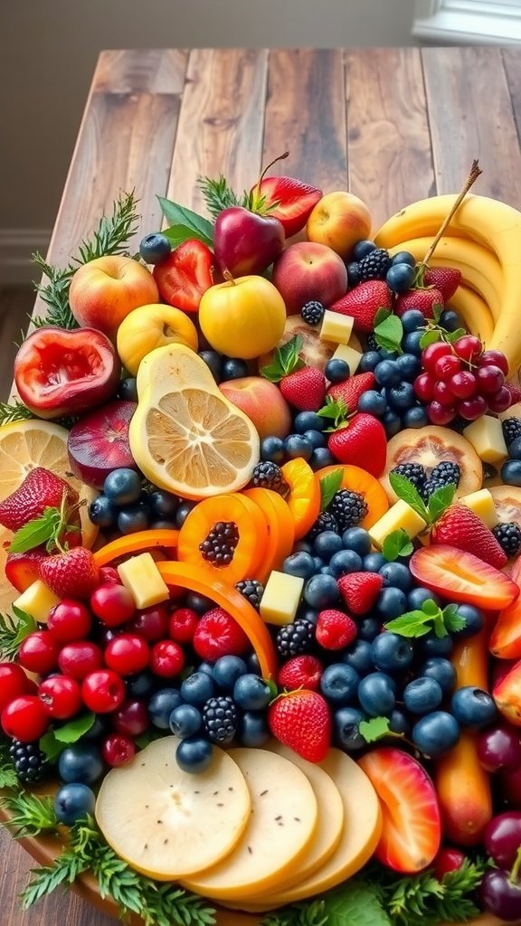A vibrant display of assorted seasonal fruits including apples, peaches, strawberries, and blueberries arranged on a wooden table.