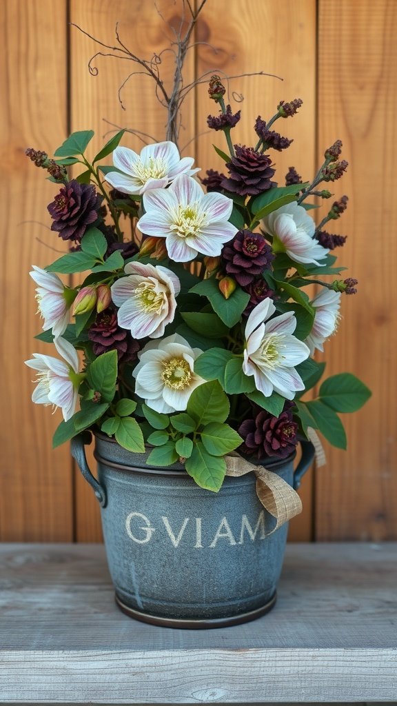 A winter bouquet featuring seasonal hellebores, pinecones, and twigs in a rustic vase.