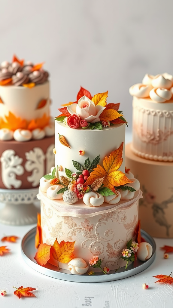 Seasonal Rococo cakes decorated with autumn leaves and flowers