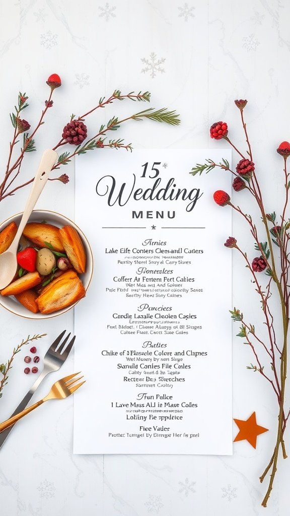 A winter wedding menu displayed with festive decorations and seasonal ingredients.