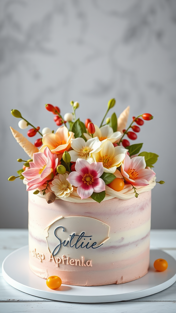 A beautiful cake bouquet with colorful flowers and decorative elements.