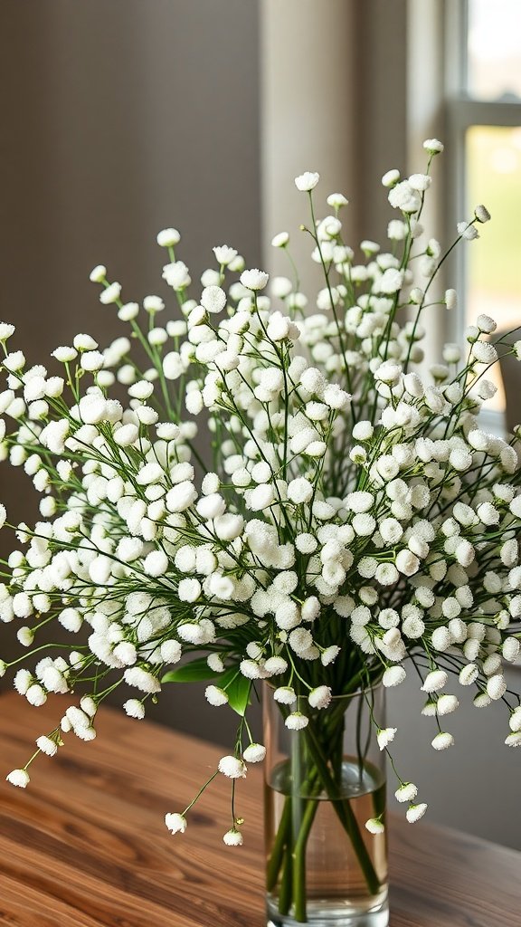 A beautiful arrangement of baby's breath flowers in a glass vase on a wooden table.
