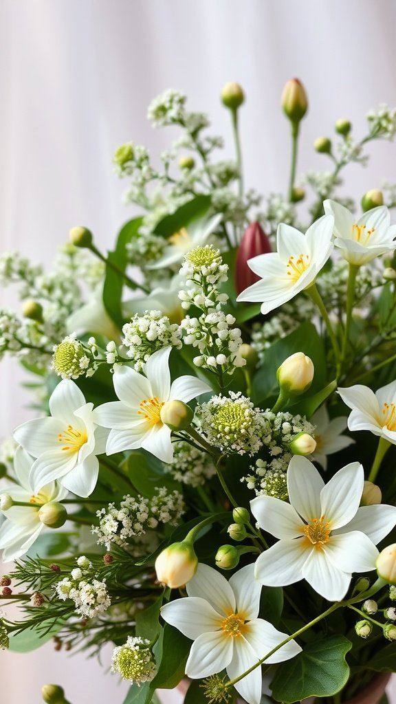 A serene bouquet featuring white flowers and green foliage