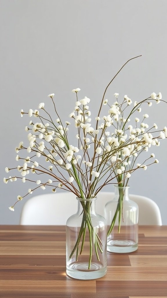 Two glass vases filled with baby's breath flowers on a wooden table