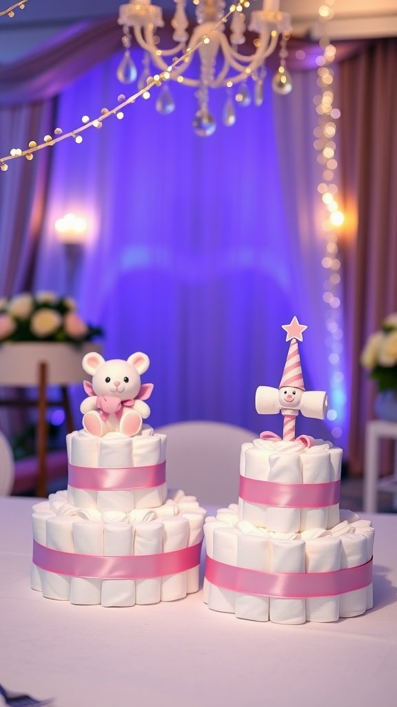 Two mini diaper cakes on a table, one with a bear and the other with a party hat decoration.