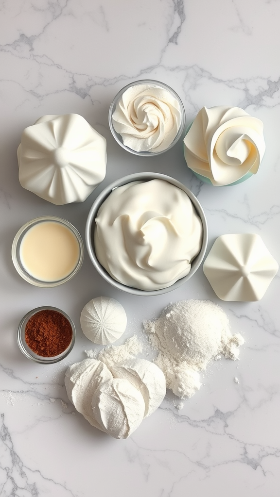 A collection of ingredients typically used in Rococo Cakes, including meringue, whipped cream, and garnishes.