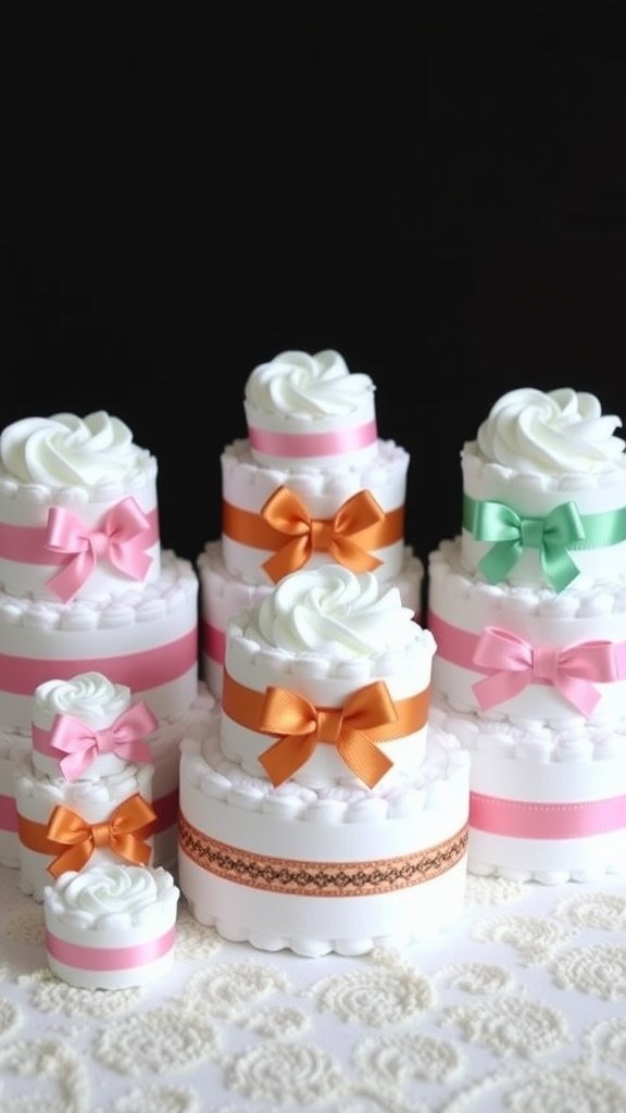 A variety of mini diaper cakes in different sizes, decorated with ribbons and bows.