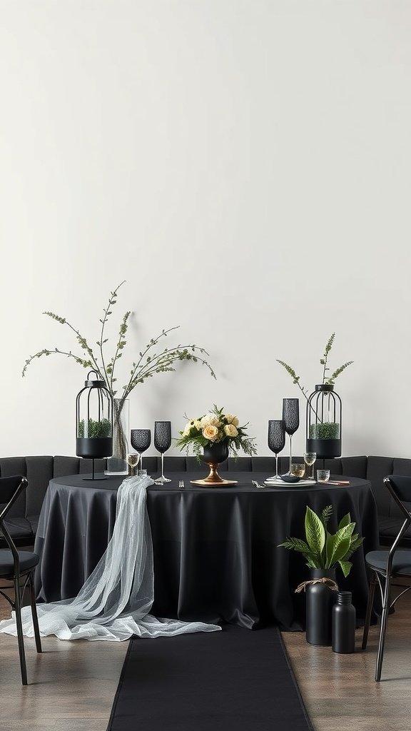 35 Stunning Olive Green Wedding Theme Color Schemes A wedding table set with an olive green and black color scheme, featuring floral arrangements and elegant tableware.